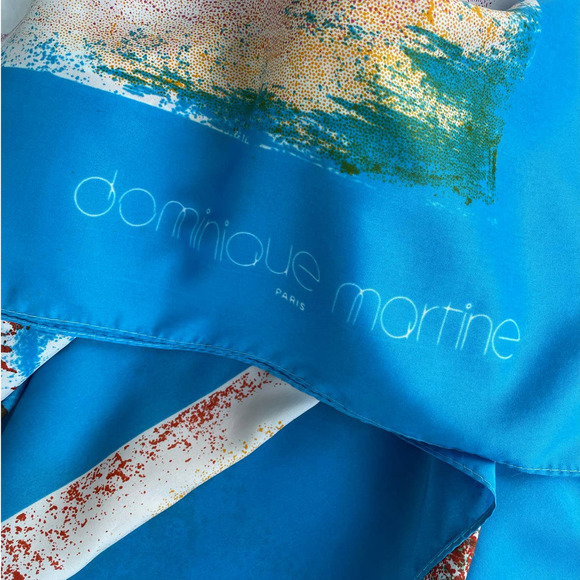 Vintage 80s Dominique Martine Blue Large Sarong Scarf Wrap Square Painted Print - Picture 4 of 5